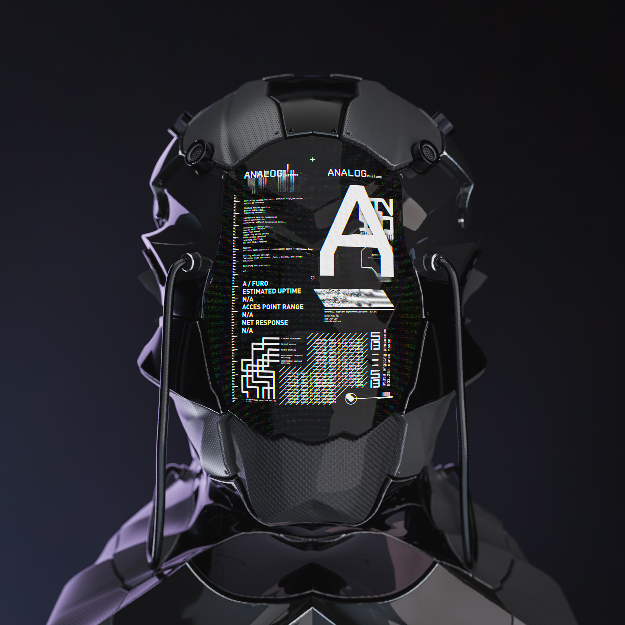 Metallic futuristic helmet with a screen as its face showing technical information with the name 'ANALOG'.